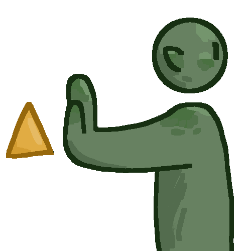 a torso drawing of a green person with pointy ears facing right. Their hand is out behind them with their palm facing a yellow triangle.